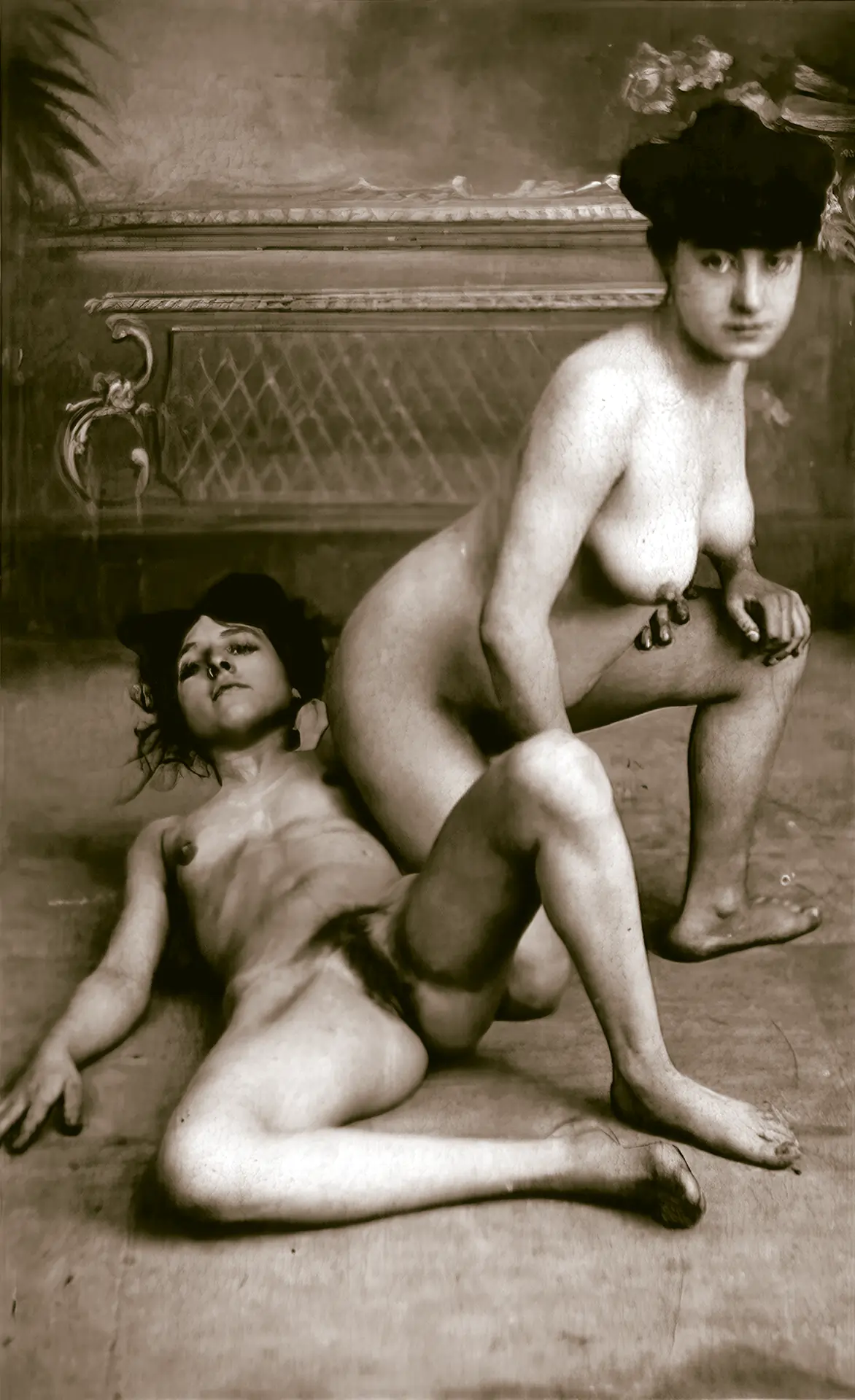 Vintage wrestling porn photo Antique XXX: two girls dark-haired and petite with cracked nipples