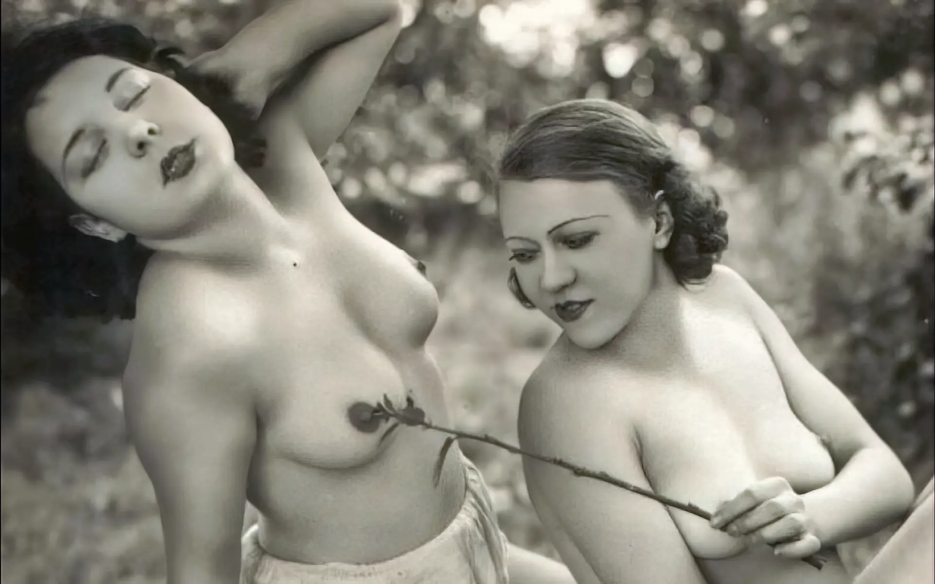 Two vintage teens enjoy touching each other's tits