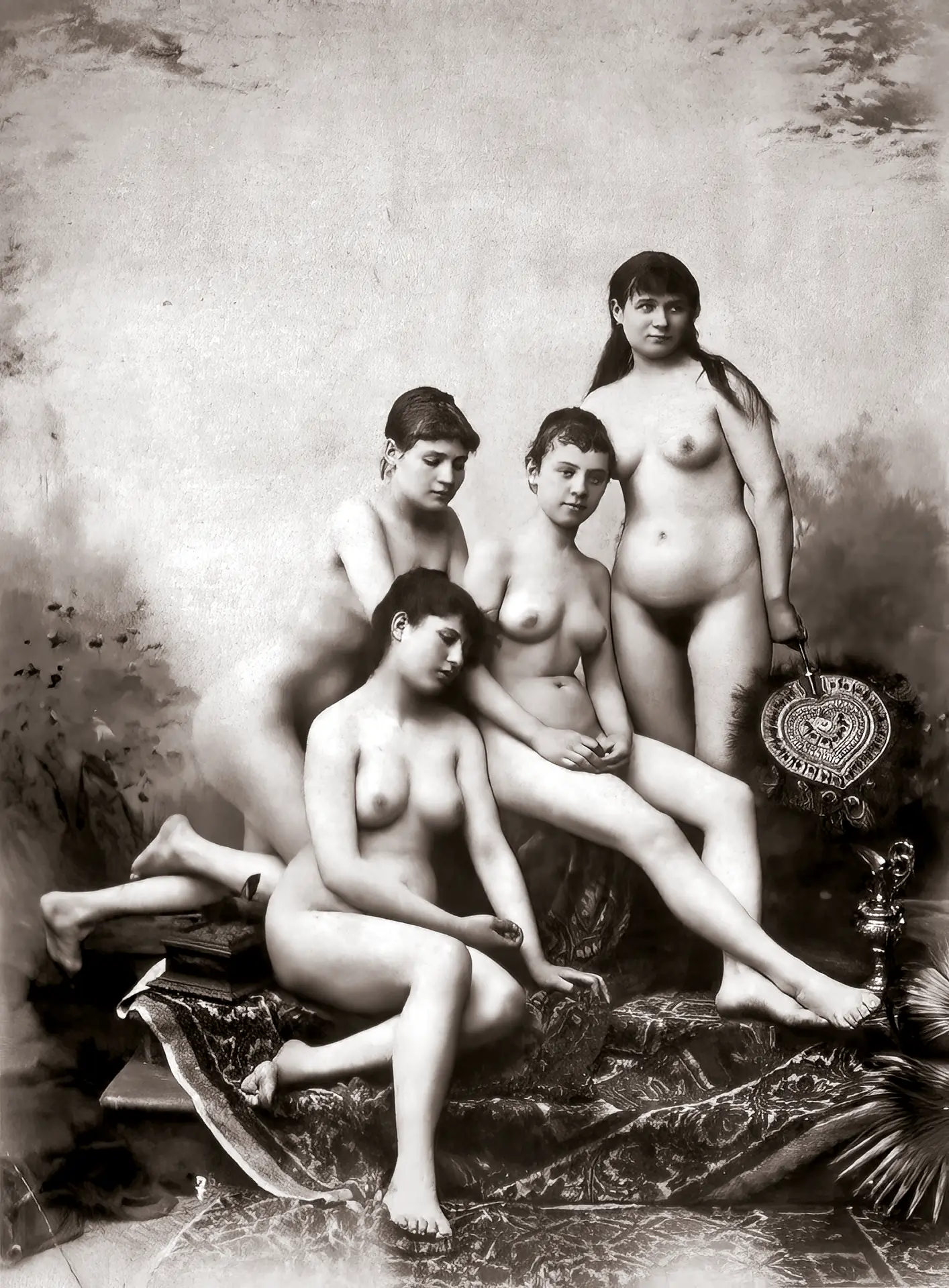 Four antique women older and young with firm boobs and curvy bodies