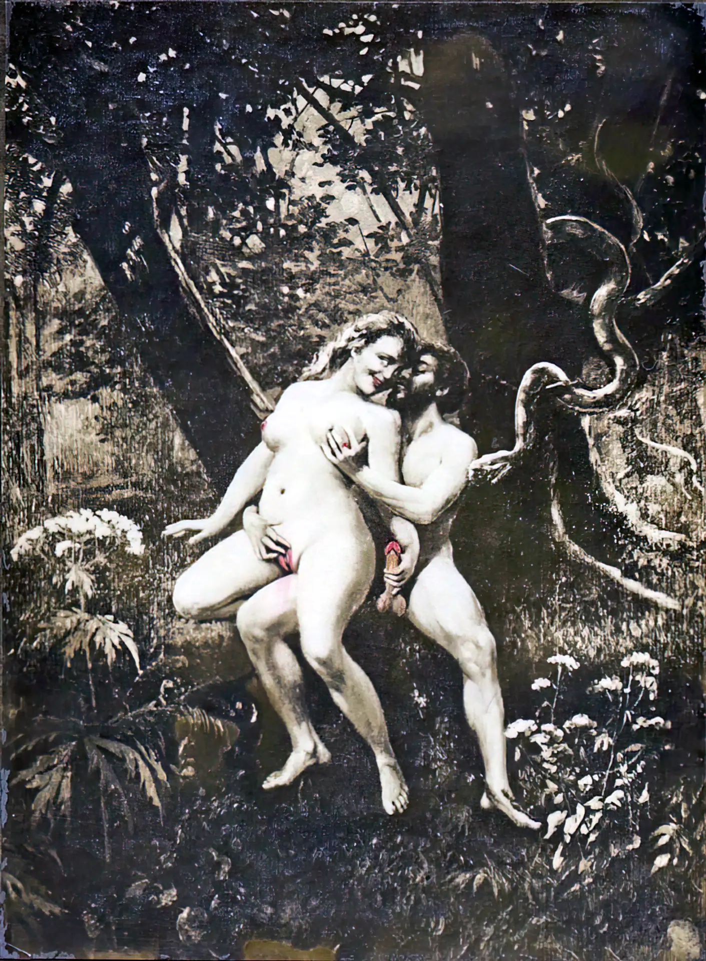 Classic Adam and Eve touch each other's bodies in front of the snake