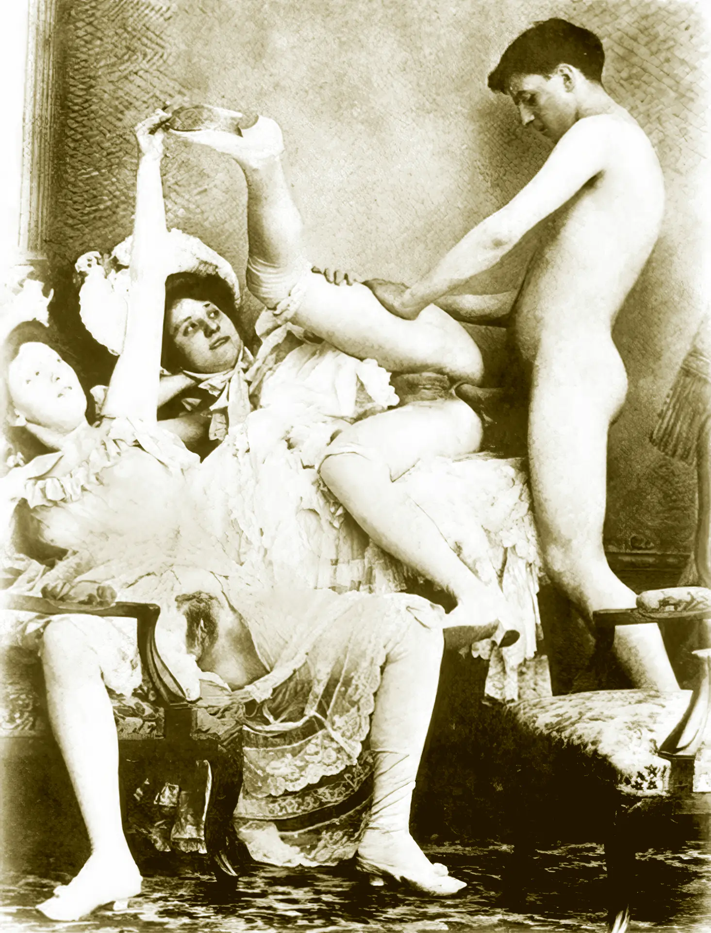 Vintage upskirt porn photo Antique sex: horny young stud happy to fuck two hairy women