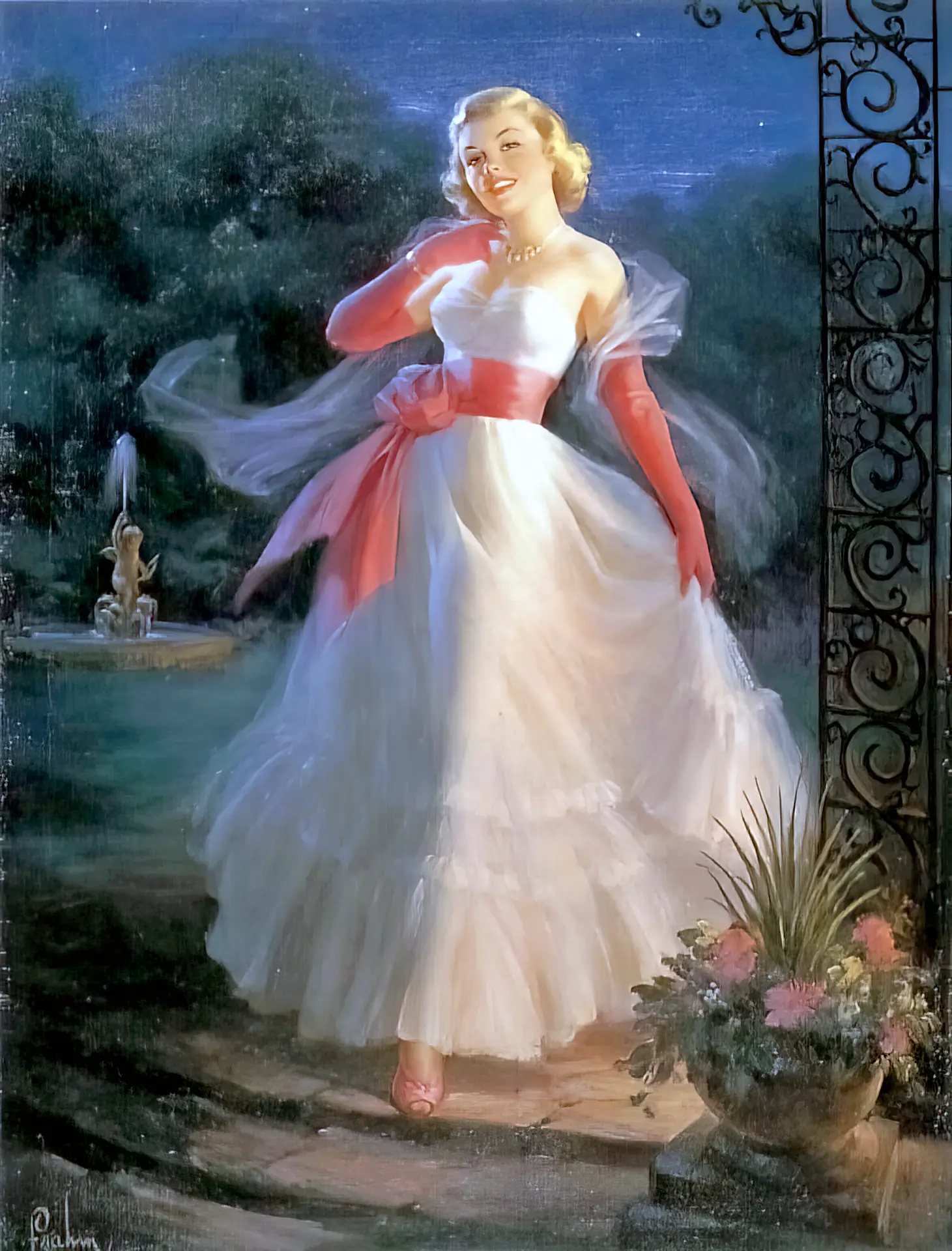 Beautiful classic blonde walks in her white dress