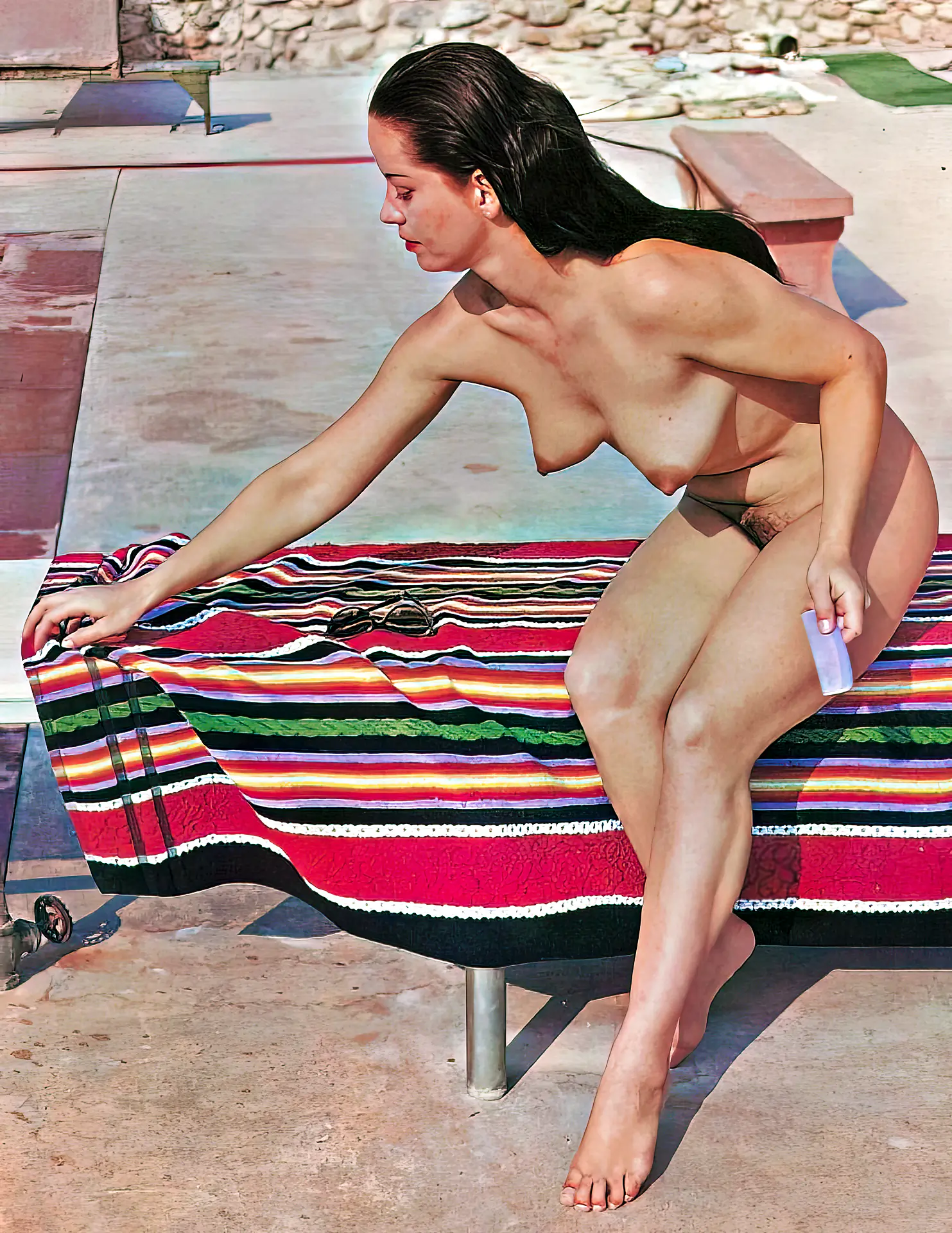 Vintage centerfold porn photos with completely nude Diane Webber, with perky breasts and hairy pussy is preparing her towel for sunbathing