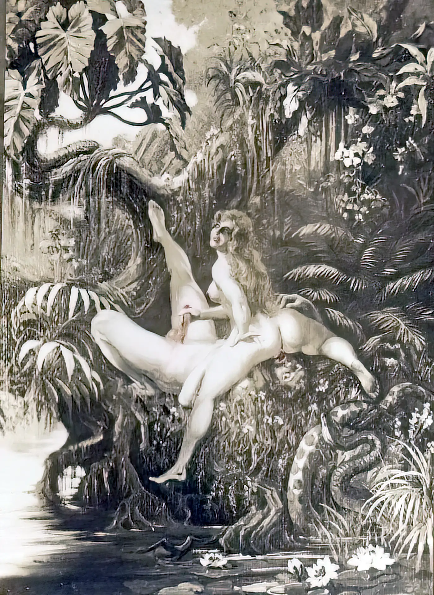Vintage pussy licking porn photo Classic Adam and Eve goes down on each other in the garden
