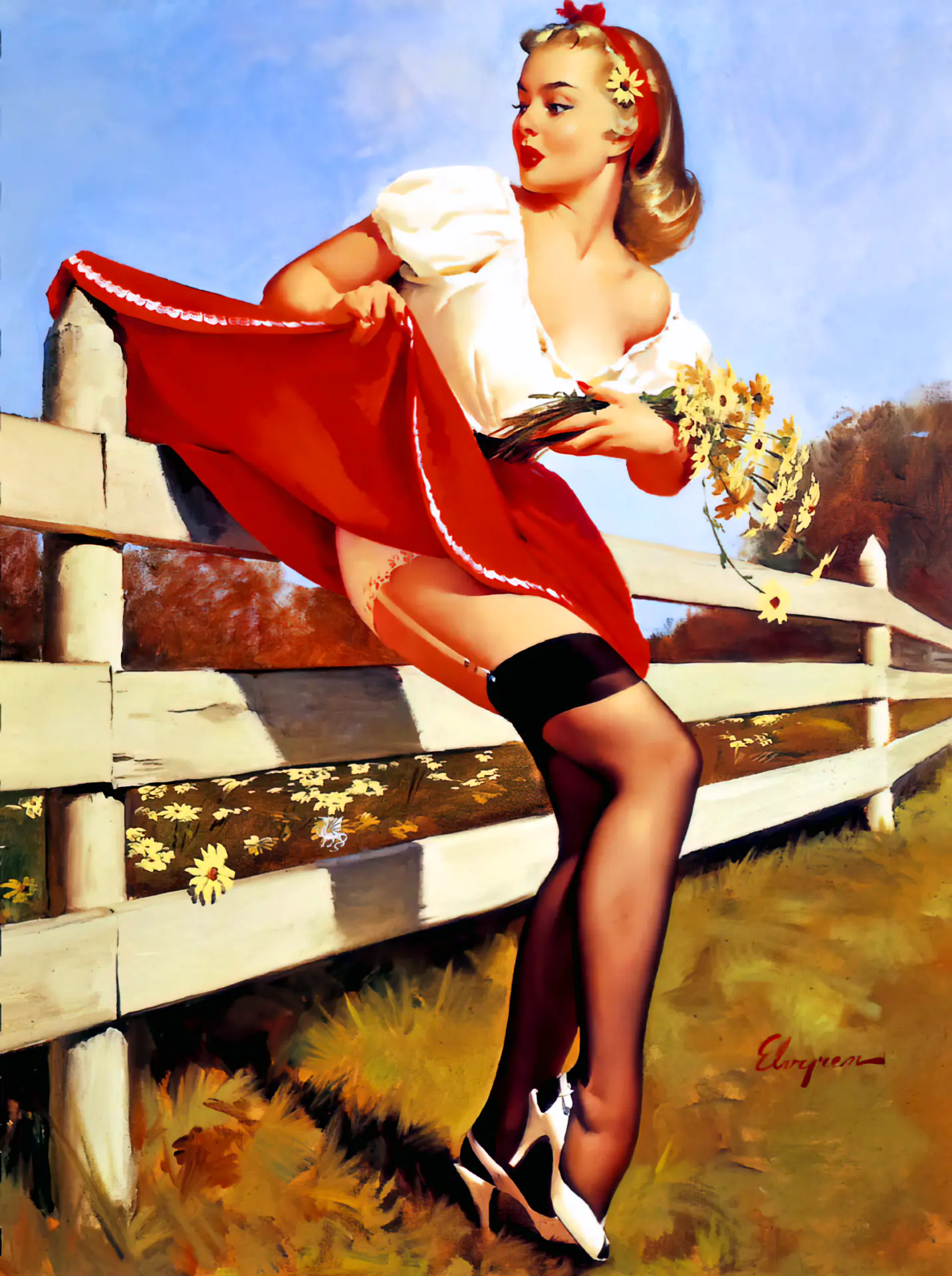 Vintage art porn photo Sweet classic blonde pin-up has her skirt stuck on a fence