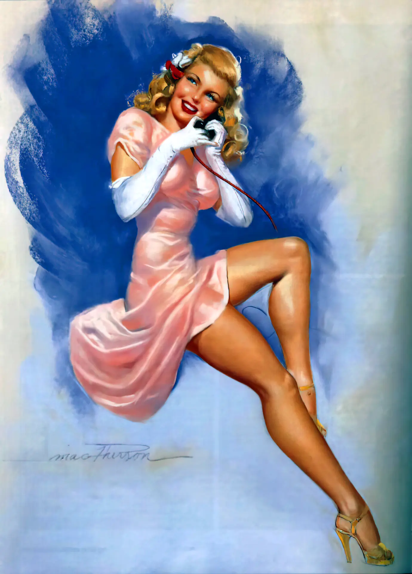 Classic blonde pinup with curly hair talks on the phone