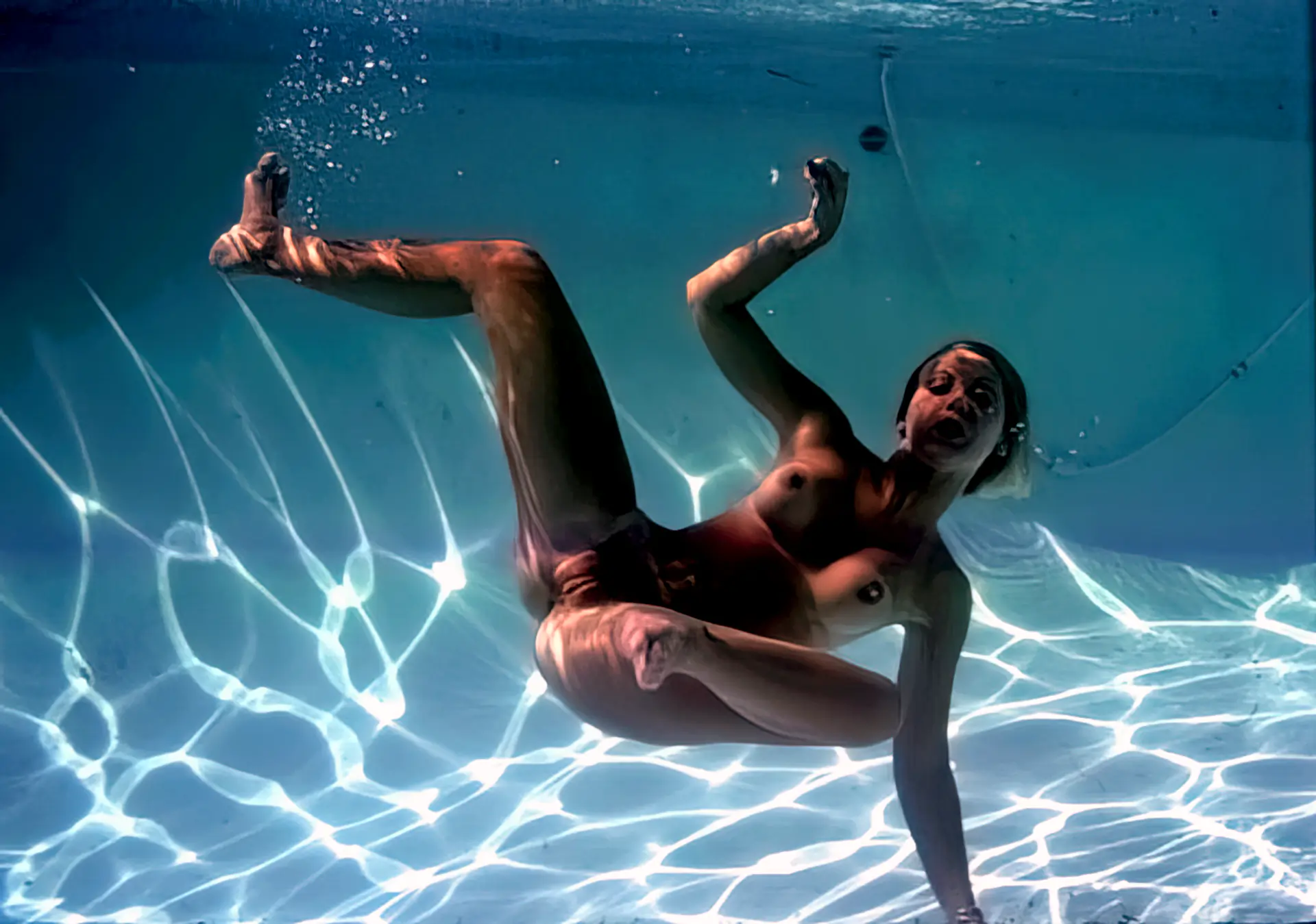 Classic girl skinny dips in her pool bare-naked