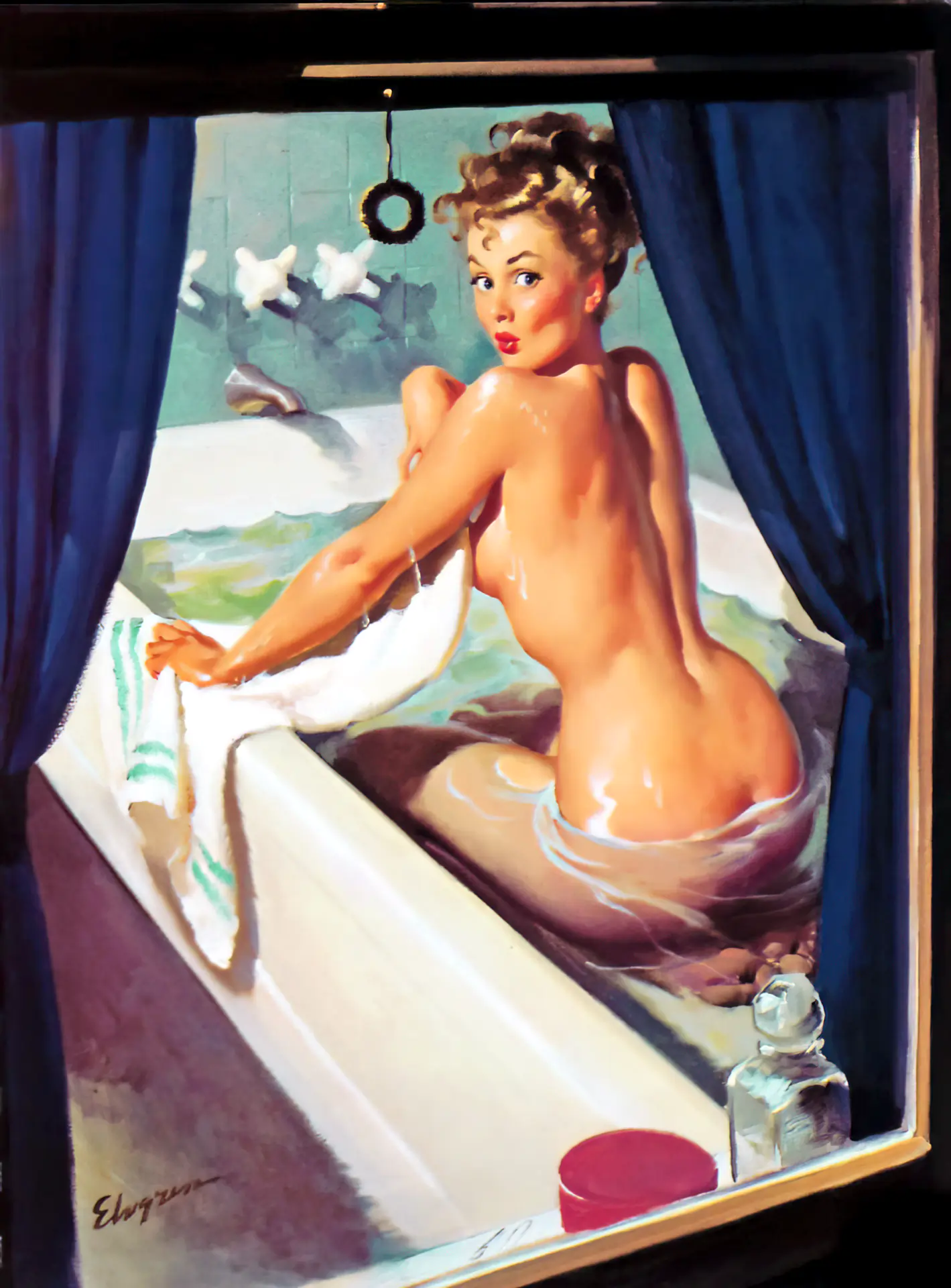 Delicious classic blonde tries to cover up her body in a bathtub