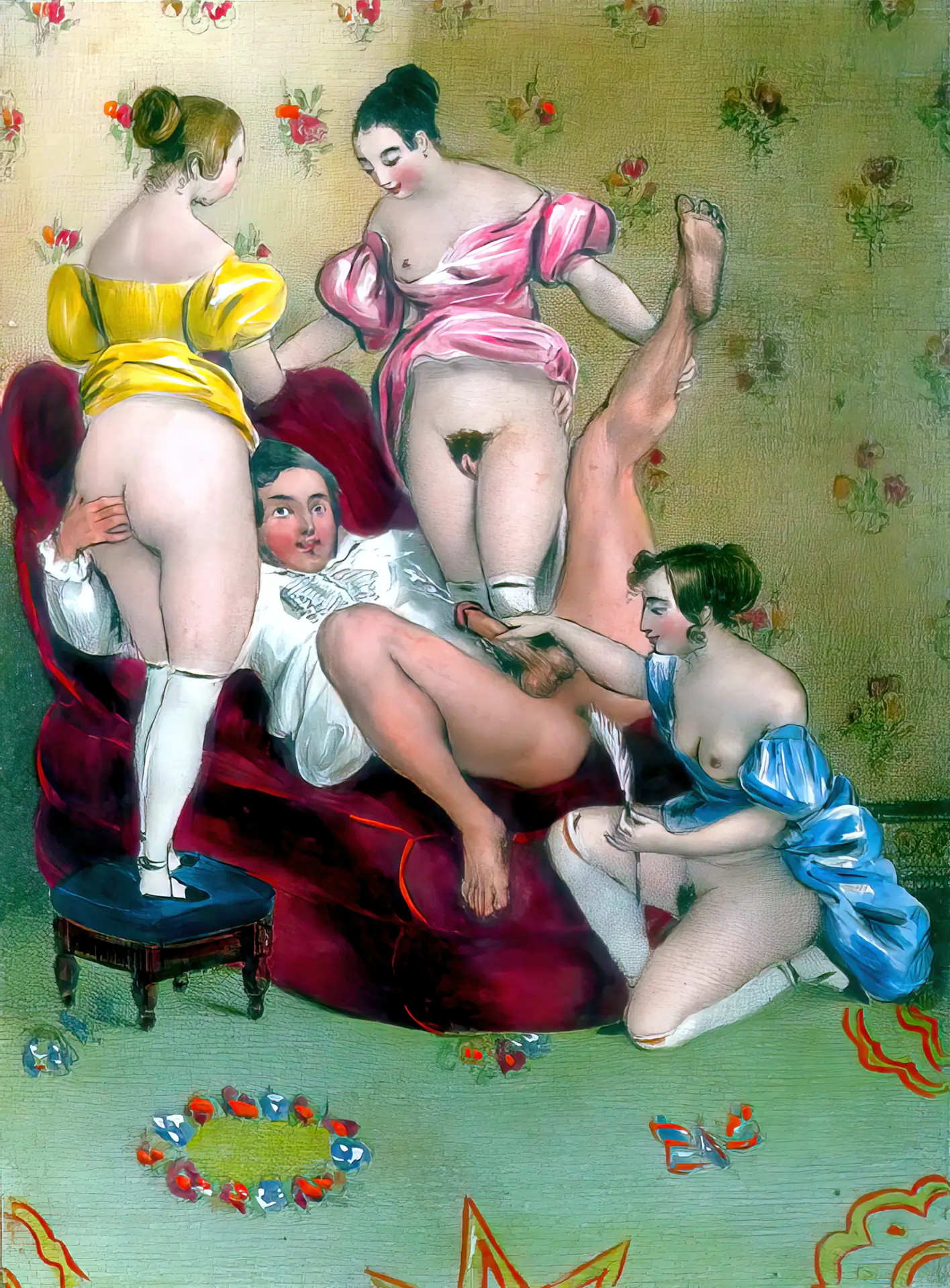 Vintage guy accompanied with three curvy ladies cums hard