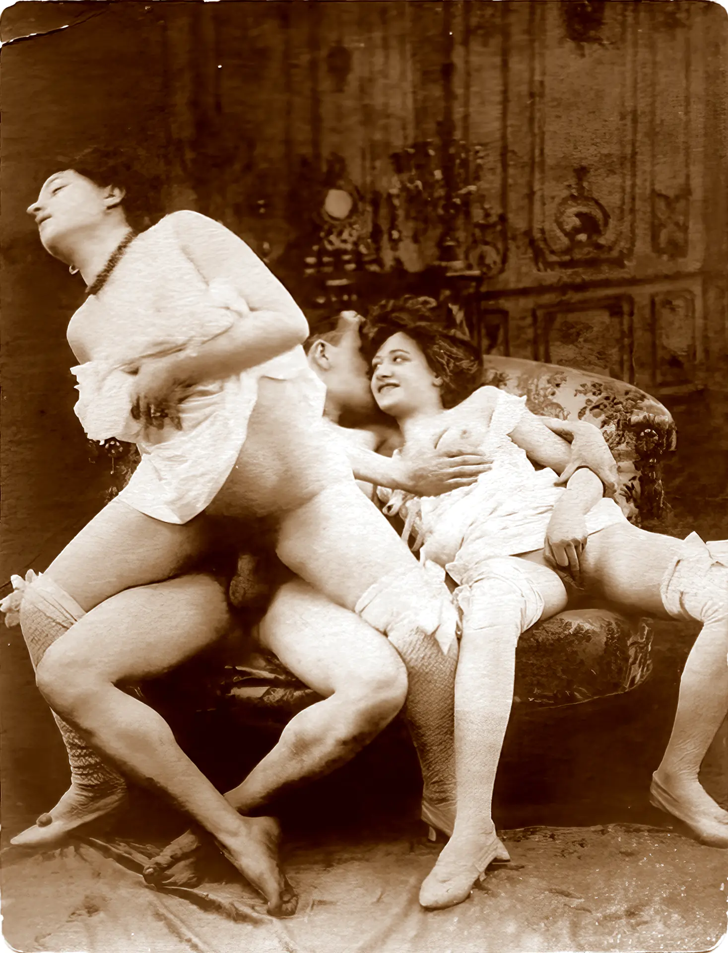 Vintage 19th century porn photo Antique porn: maid rides an erect cock while her girlfriend touches herself