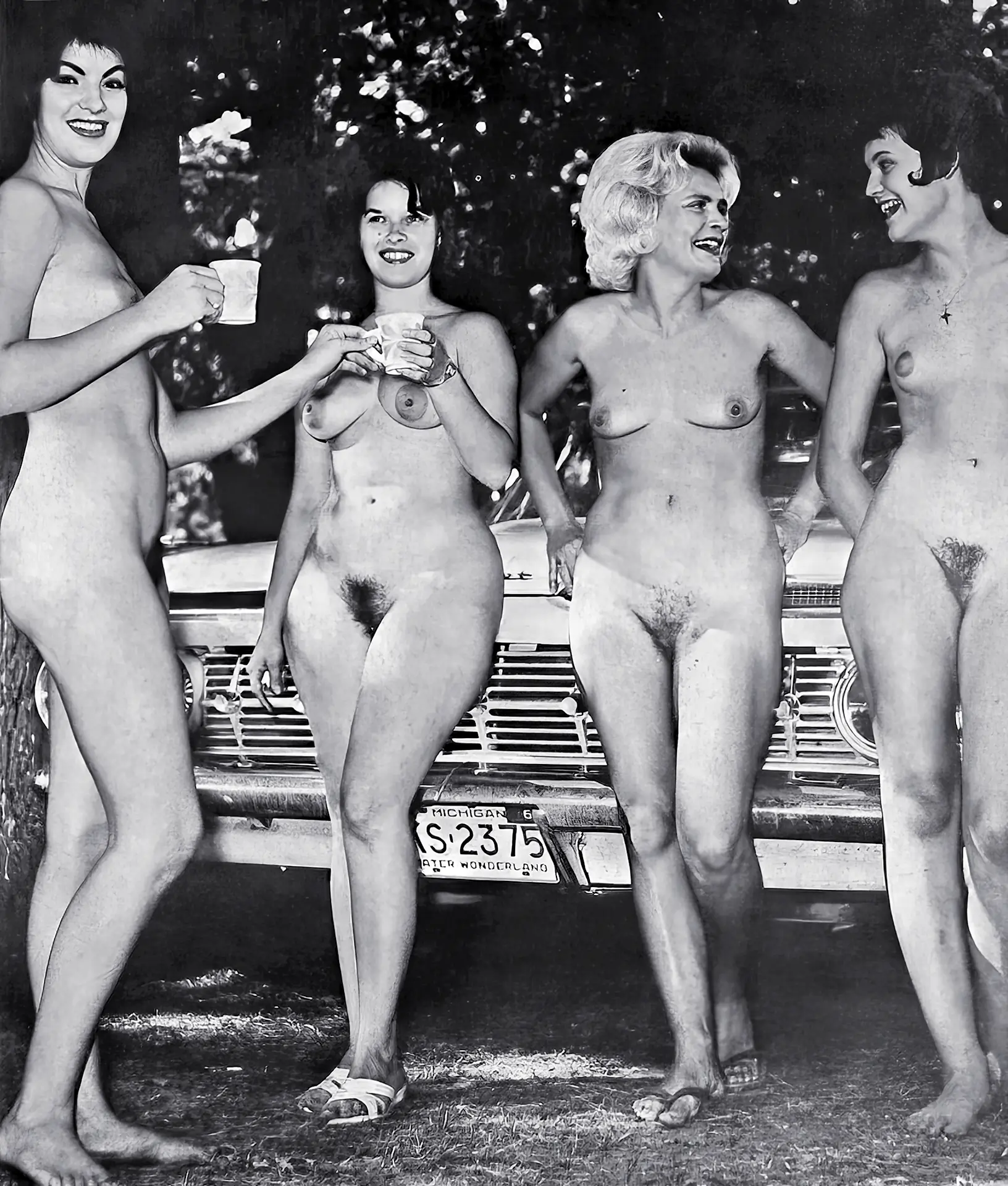 Vintage nudist porn photos with four completely nude naturist women with hairy pussies standing next to a car and talking