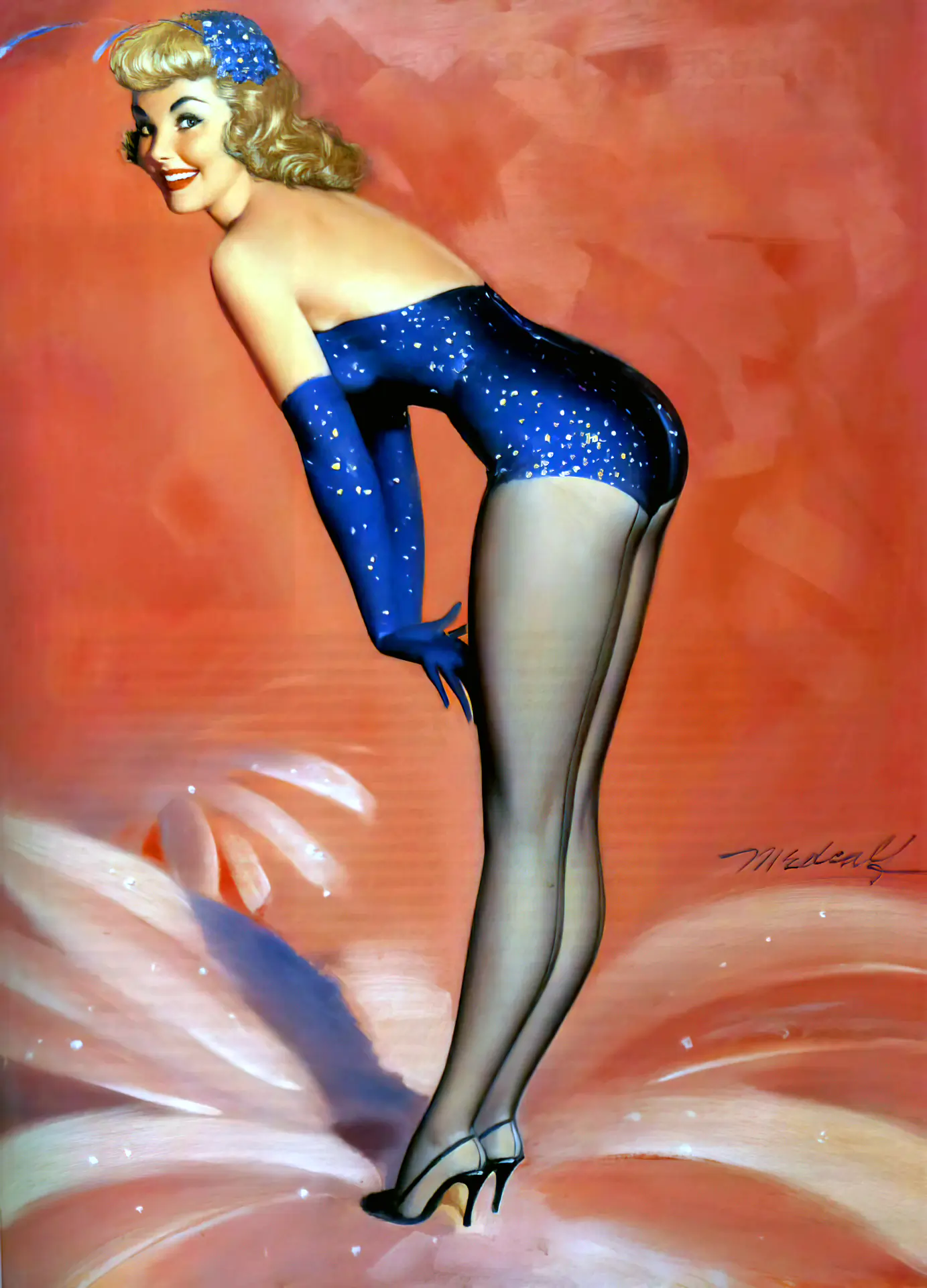 Sweet pinup classic lady with a firm ass in a tight blue costume