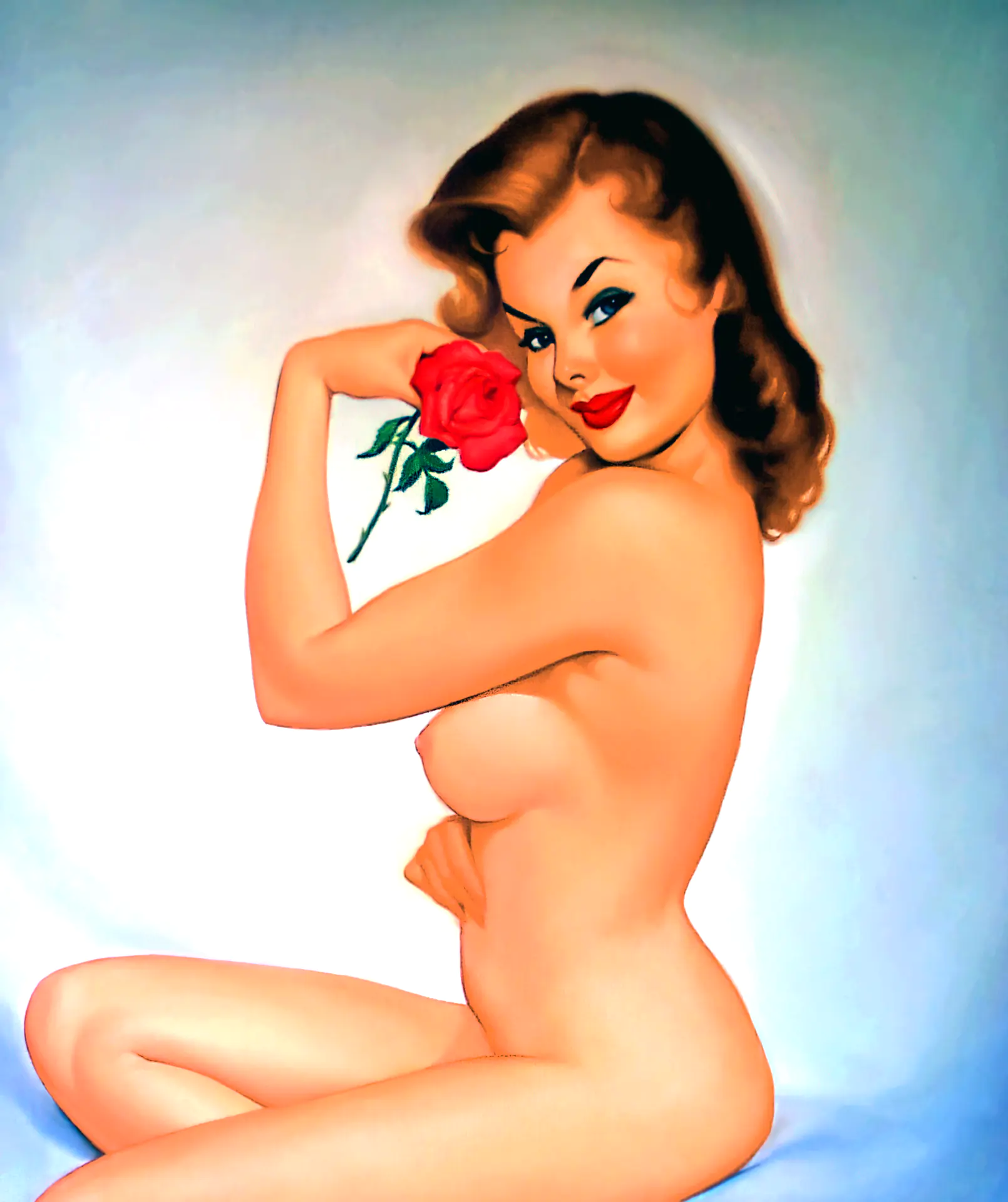 Red-haired pin-up classic babe with soft tits holds a rose