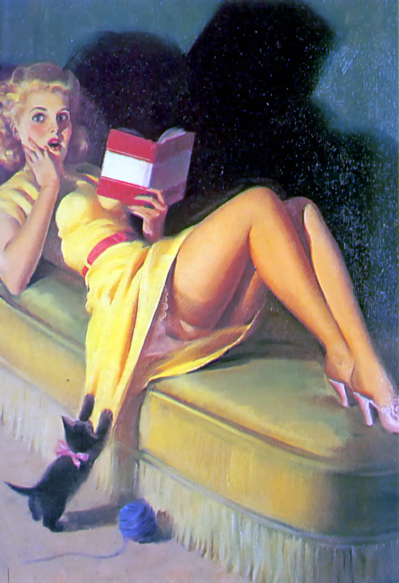 Scared classic blonde babe reads a book and exposes her long legs