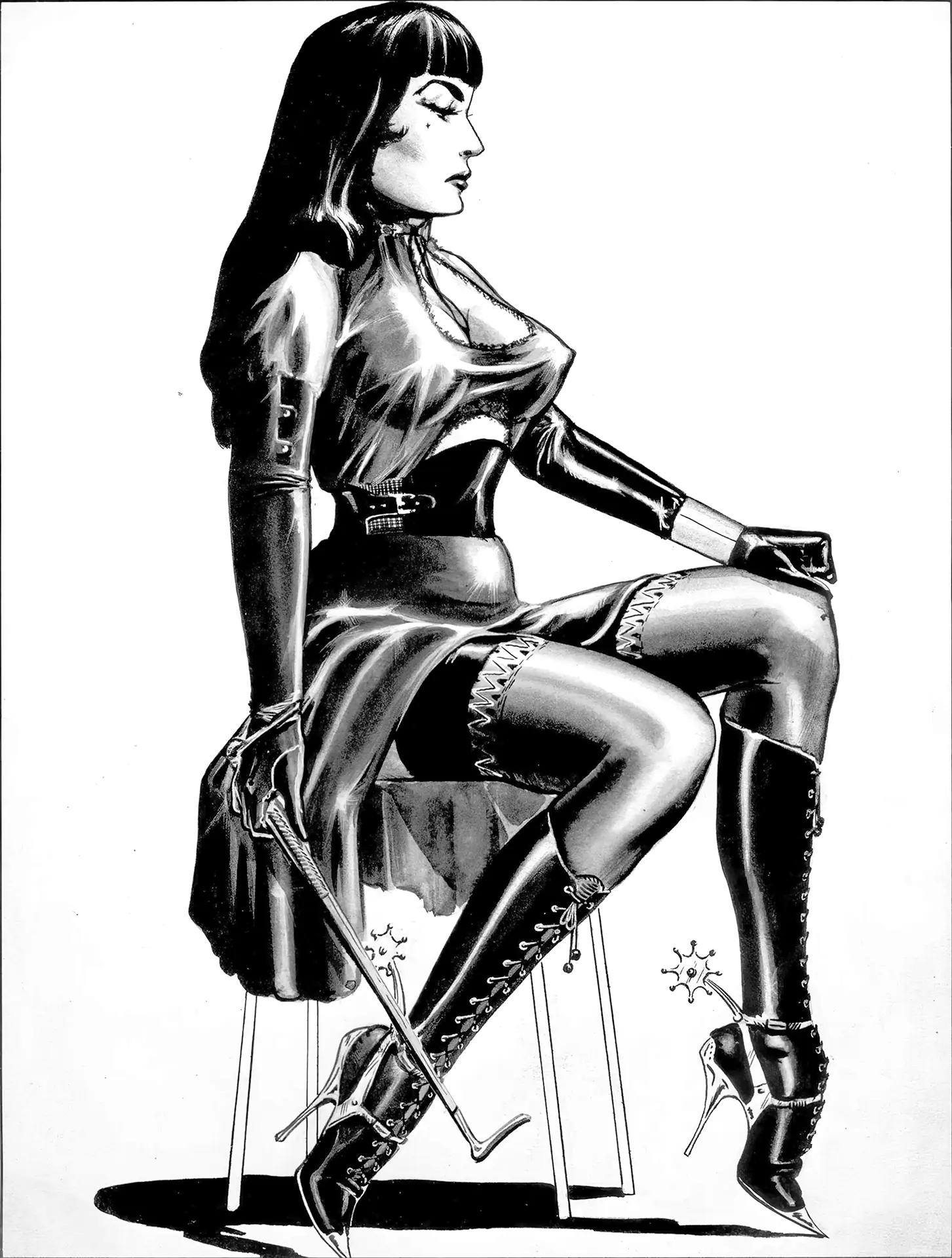 Cruel vintage dominatrix in a leather dress boots and gloves