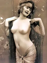 Classy lady showing off her naked breasts while posing vintage