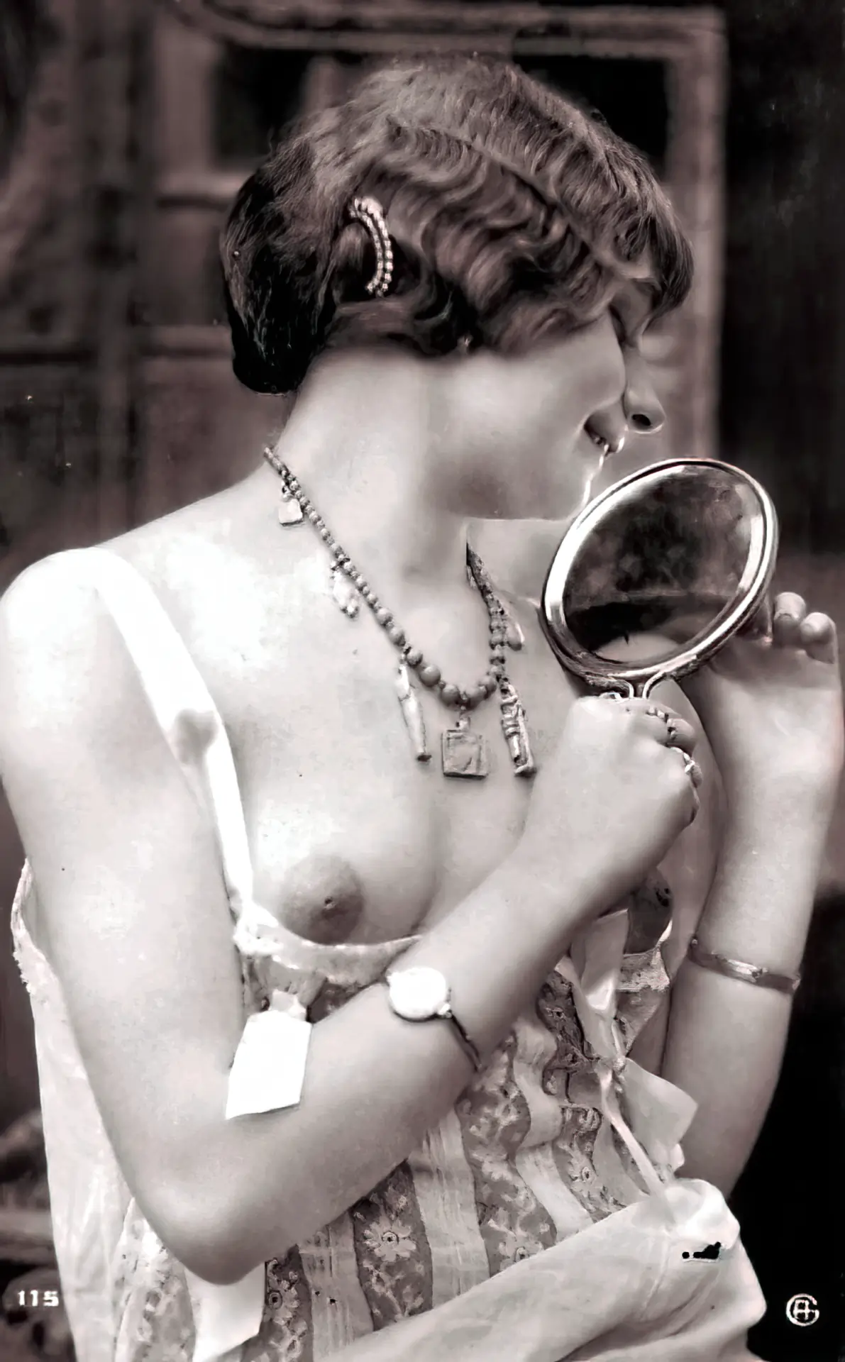 Vintage flat-chested teen with sensitive nipples looks into the mirror