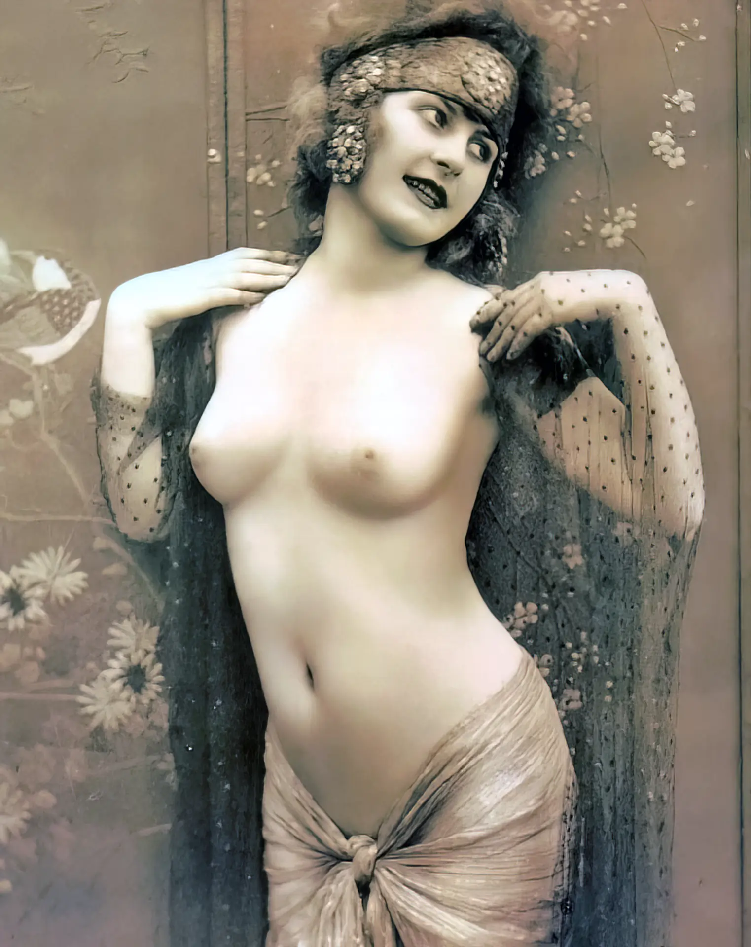 Classy vintage lady shows off her naked breasts as she poses