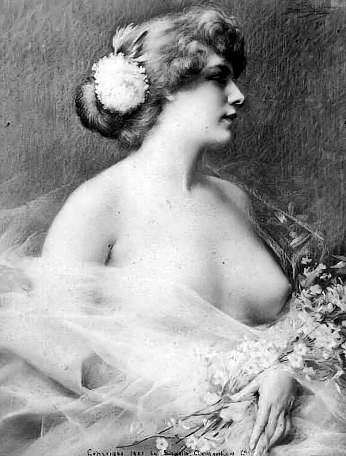 Vintage woman holds flowers exposes her delicate boob