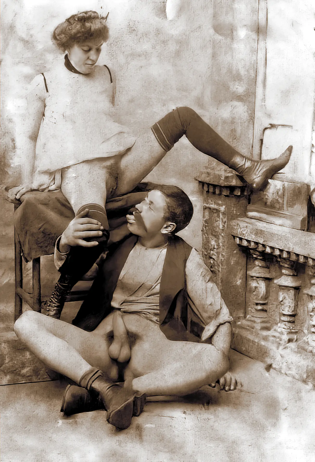 Vintage voyeur porn photos with old mustached janitor with a hard cock sitting on the floor reading to lick his madam's hairy pussy
