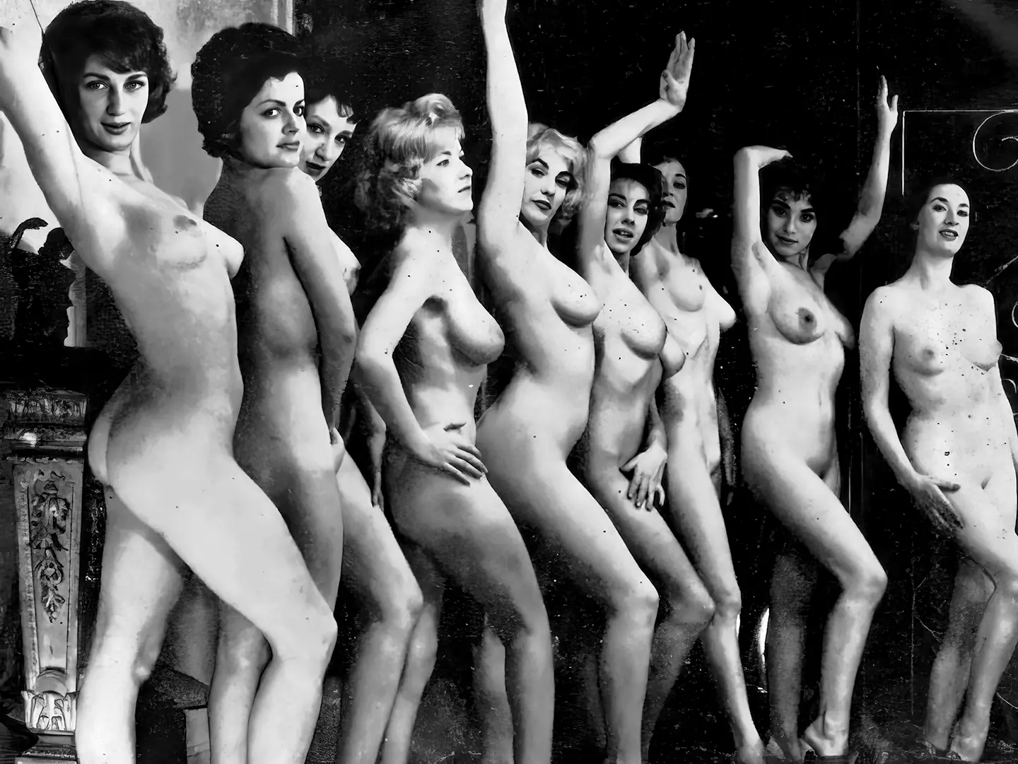 Vintage dancer porn videos with eight completely nude women exposing their tits and pussies onstage