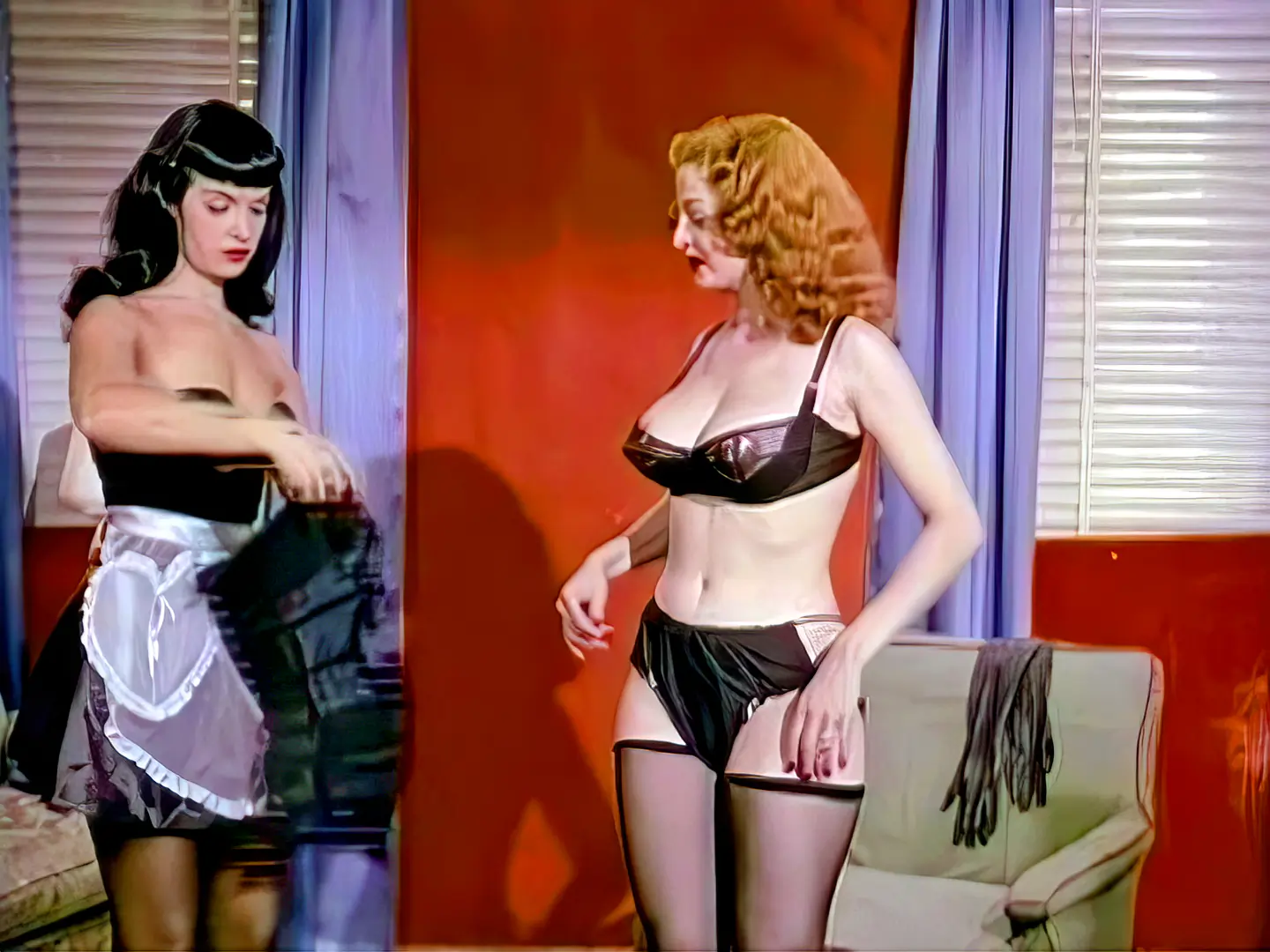 Brunette Maid Bettie Page, Sexy Redhead Tempest Storm costume porn